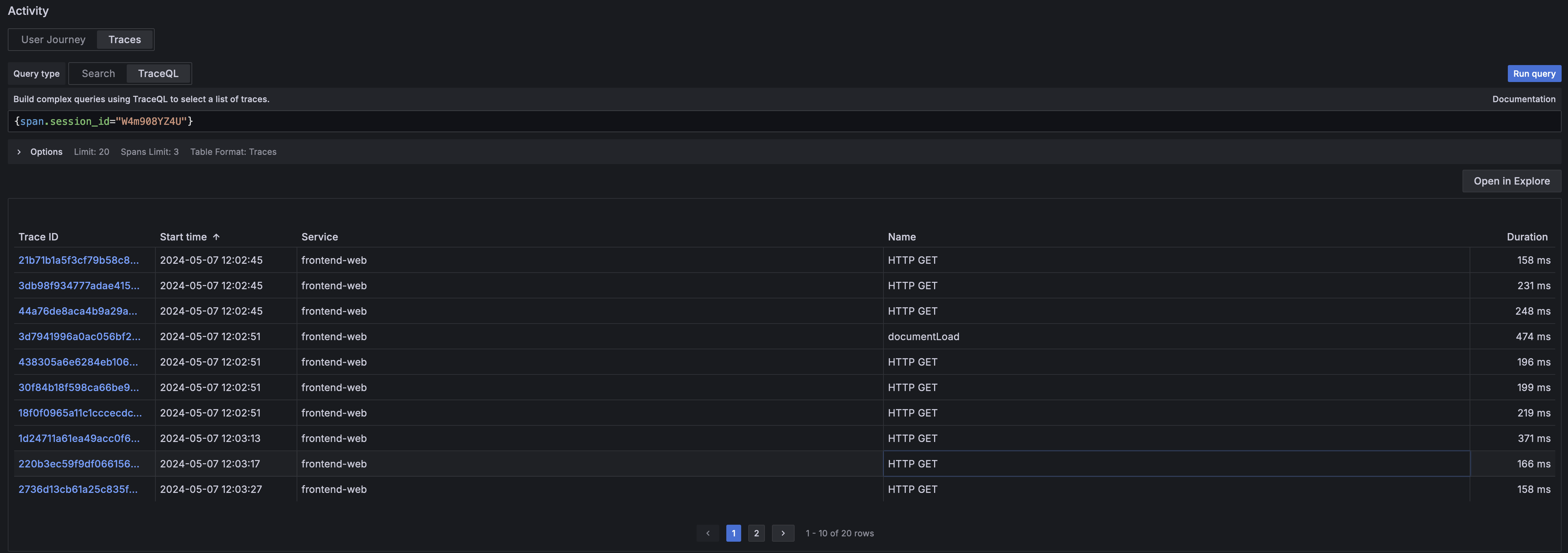 Analyze traces in scope of a single session