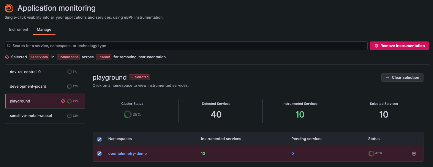 Service selected for instrumentation removal Service selected for instrumentation removal