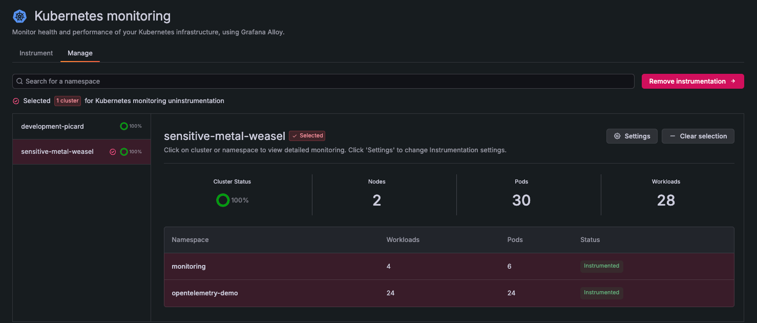 Cluster selected for instrumentation removal Cluster selected for instrumentation removal