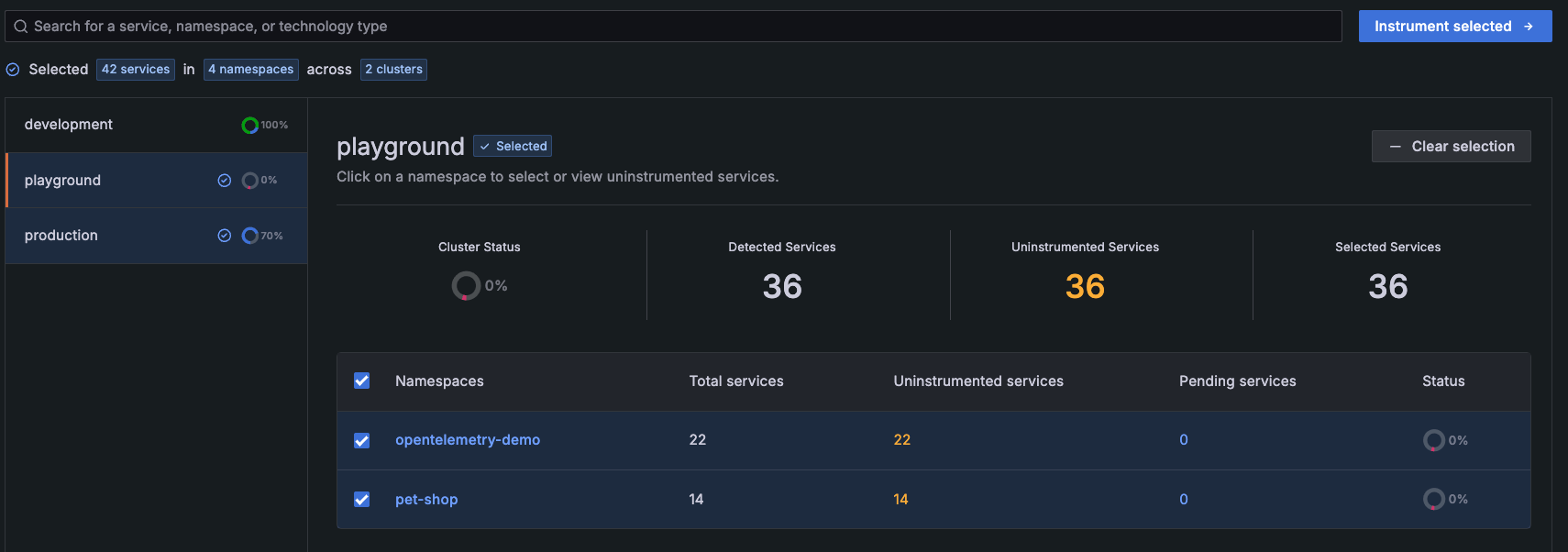 All uninstrumented Clusters and their namespaces selected for instrumentation All uninstrumented Clusters and their namespaces selected for instrumentation