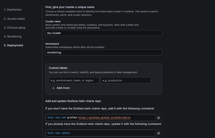Deployment step with Cluster name, namespace, and custom labels The Deployment step, showing the Cluster name, Namespace, and Custom labels fields