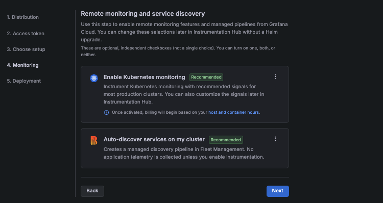 Monitoring step with Kubernetes monitoring and service discovery options The Monitoring step, showing the Enable Kubernetes monitoring and Auto-discover services on my cluster selections