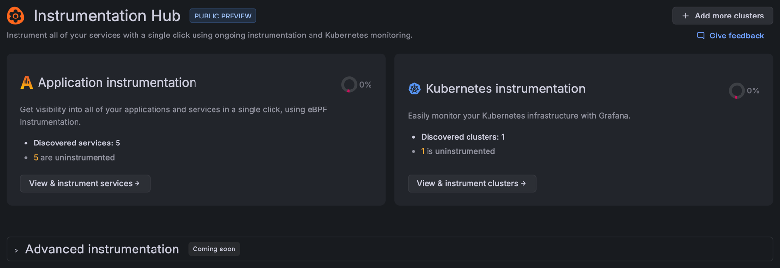 Instrumentation Hub, with tiles for instrumenting applications and Kubernetes infrastructure The Instrumentation Hub landing page, showing the Application instrumentation and Kubernetes instrumentation tiles with the number of discovered and uninstrumented items in each