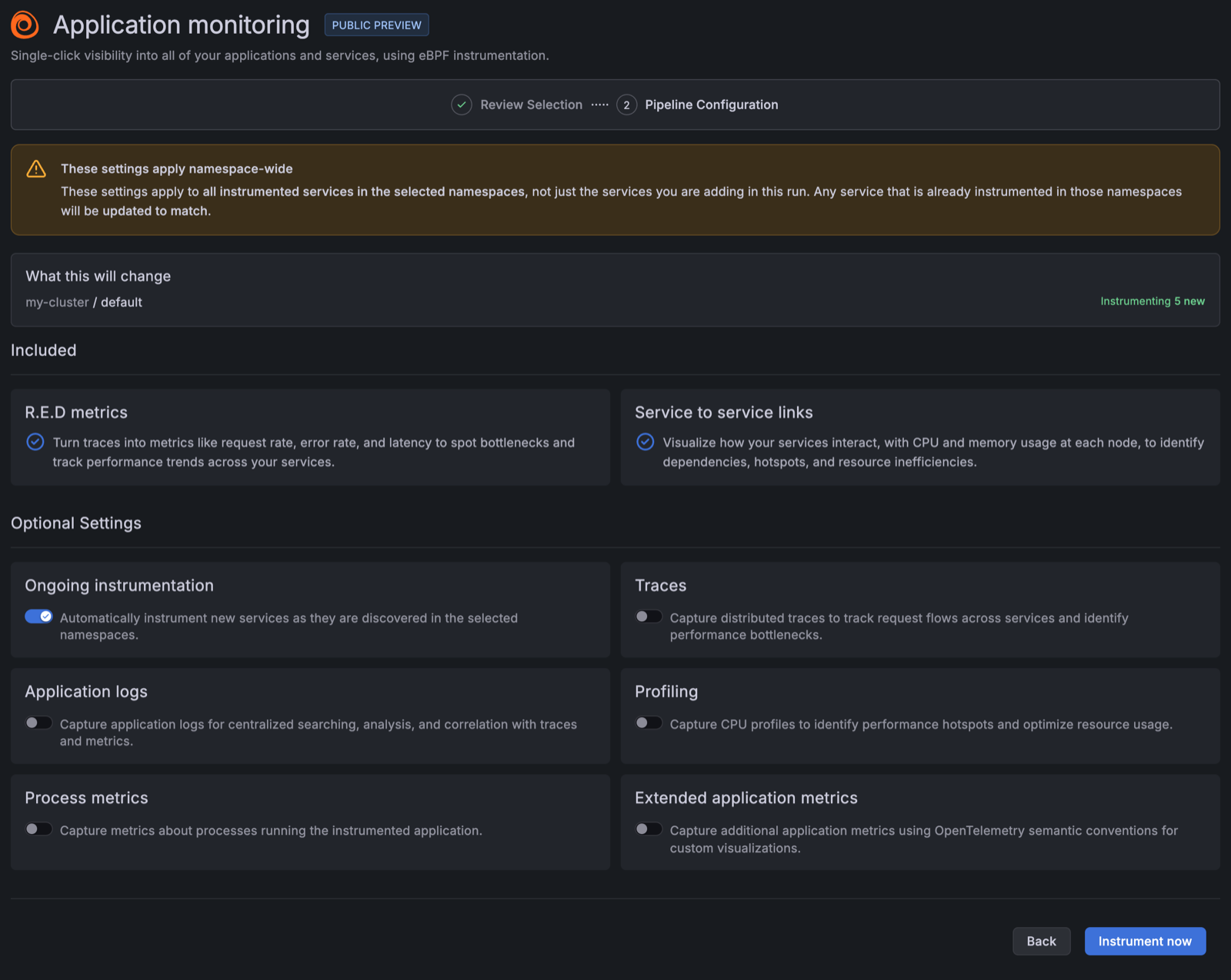 Pipeline Configuration page with the included and optional settings The Pipeline Configuration page, showing R.E.D metrics and Service to service links as included, and the six optional settings below them