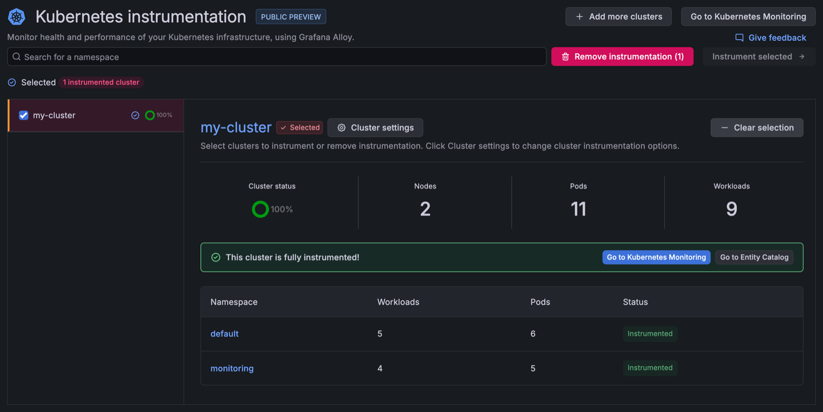 Cluster selected for instrumentation removal The Kubernetes instrumentation page with an instrumented Cluster selected and Remove instrumentation available