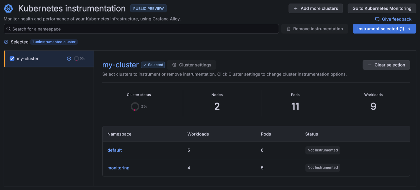 A Cluster selected for instrumentation The Kubernetes instrumentation page with an uninstrumented Cluster selected, listing its namespaces with a status of Not Instrumented
