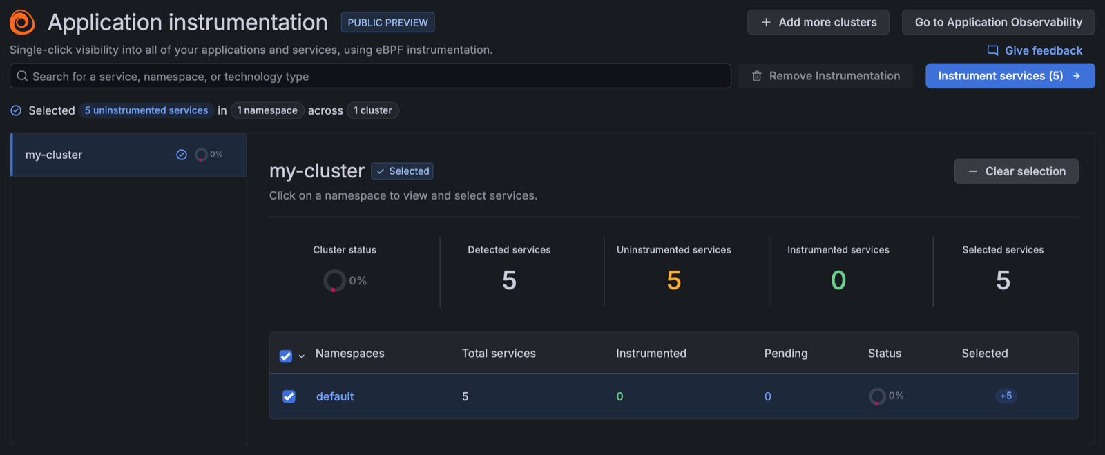 All uninstrumented services in a Cluster selected for instrumentation The Application instrumentation page with every uninstrumented service in a Cluster selected, showing the counts of detected, uninstrumented, and selected services