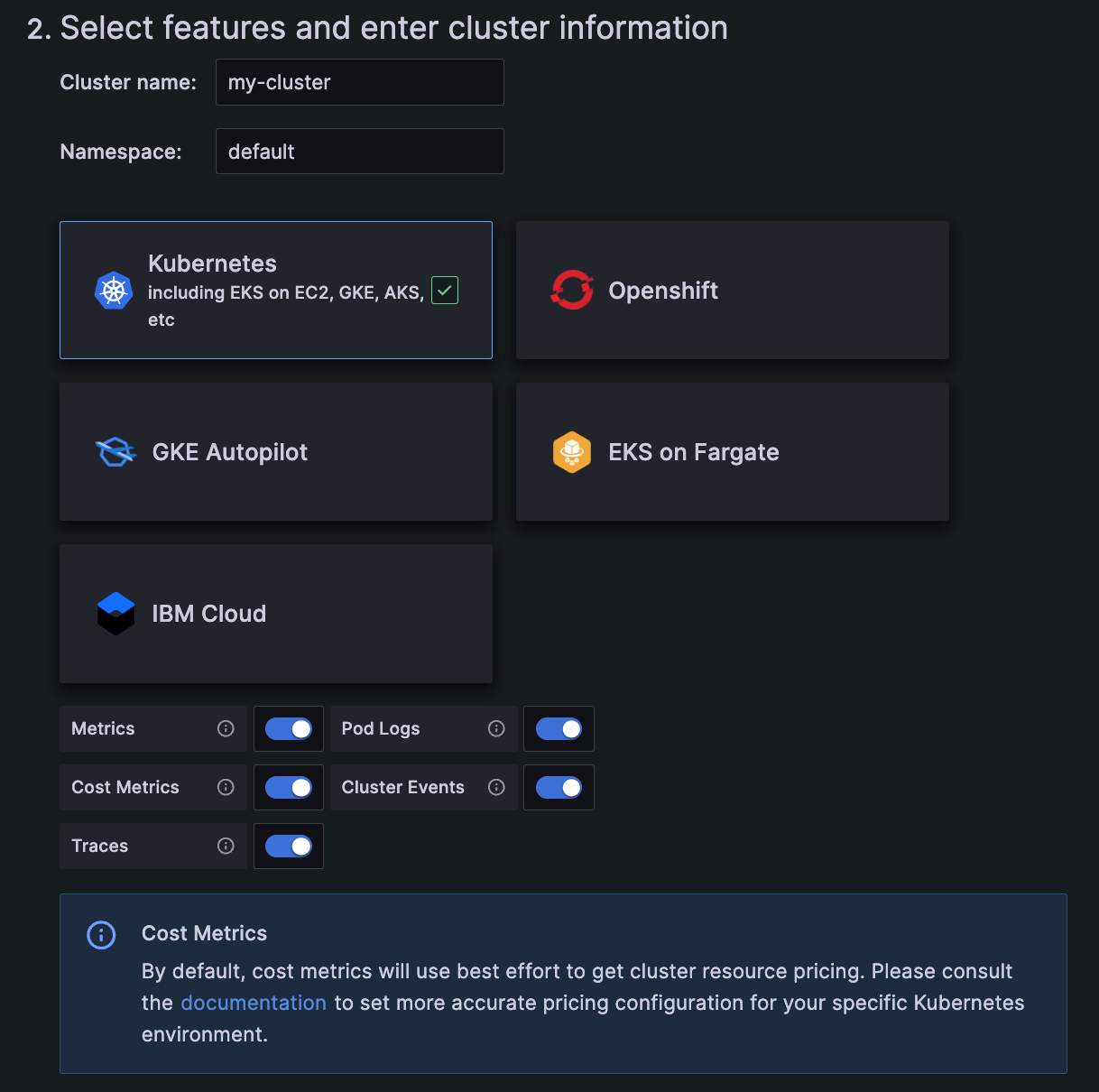 Section of quick configuration to select features, including platform and what to collect
