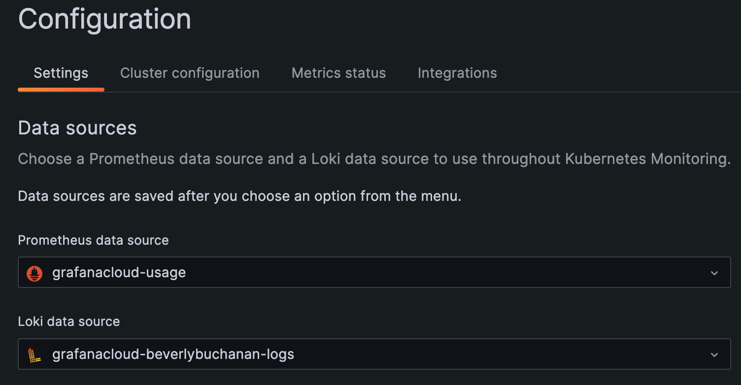 Drop-down menus for Prometheus data source and Loki data source