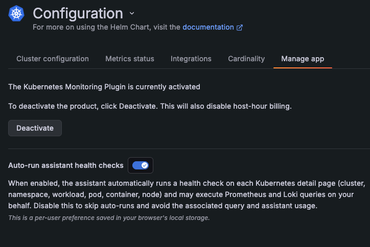 **Manage app** tab where health check preferences can be set **Manage app** tab where health check preferences can be set