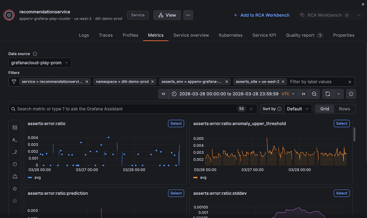 Metrics tab showing grid view of entity-scoped metrics with search capabilities