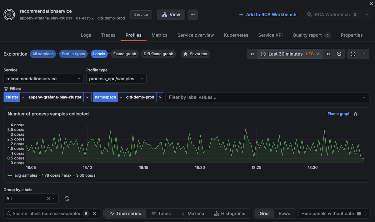 Profiles tab showing CPU flame graph with profile type selector and label grouping