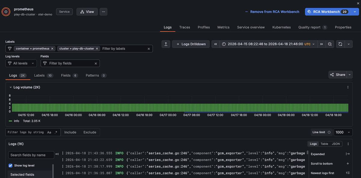 Logs Drilldown drawer showing filtered logs for a specific entity and timestamp with error messages visible