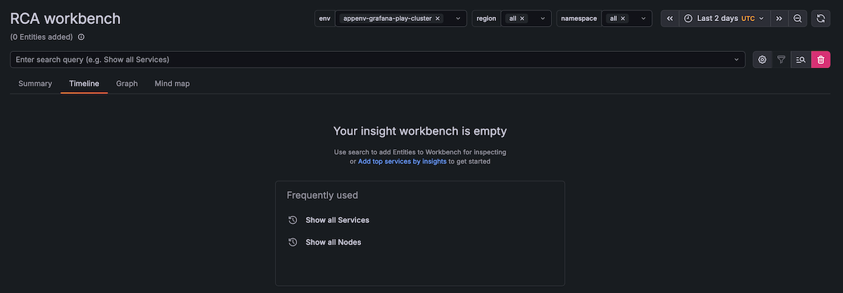 RCA Workbench interface showing the Frequently used menu and empty timeline workspace