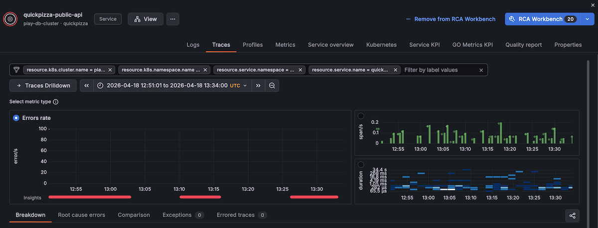 Traces drawer showing service dependency map and trace spans with latency and error indicators