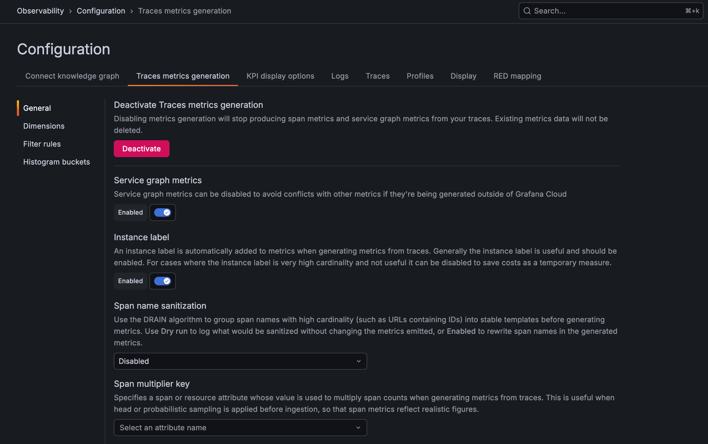 Traces metrics generation configuration interface