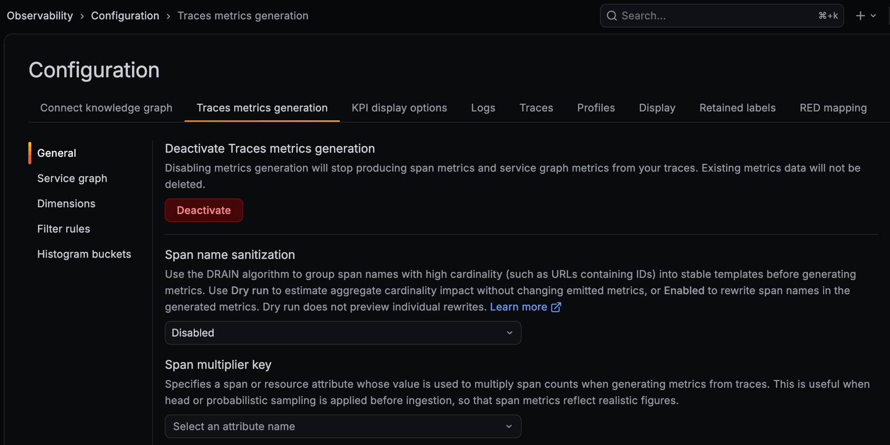 Traces metrics generation configuration interface