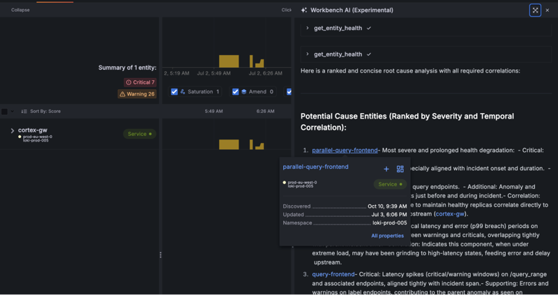 Workbench AI interaction with RCA workbench timeline