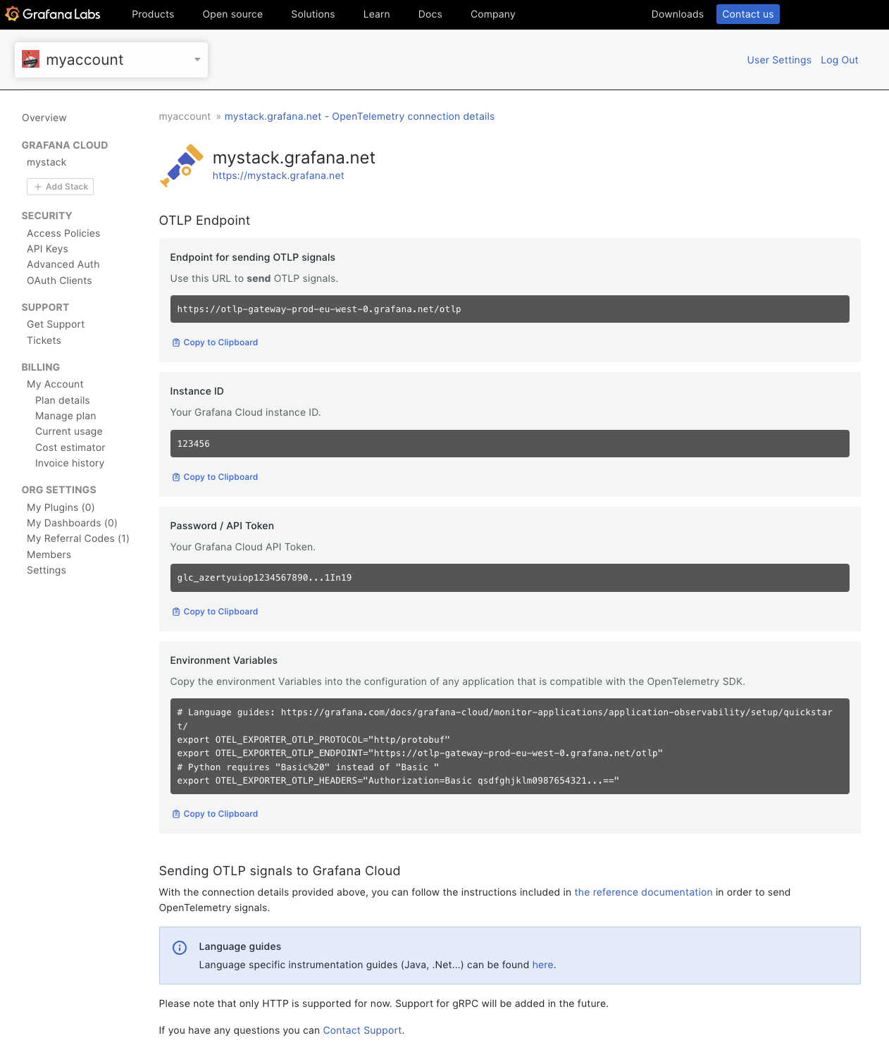Grafana Cloud Administration Console / Grafana Cloud OTLP endpoint connection details