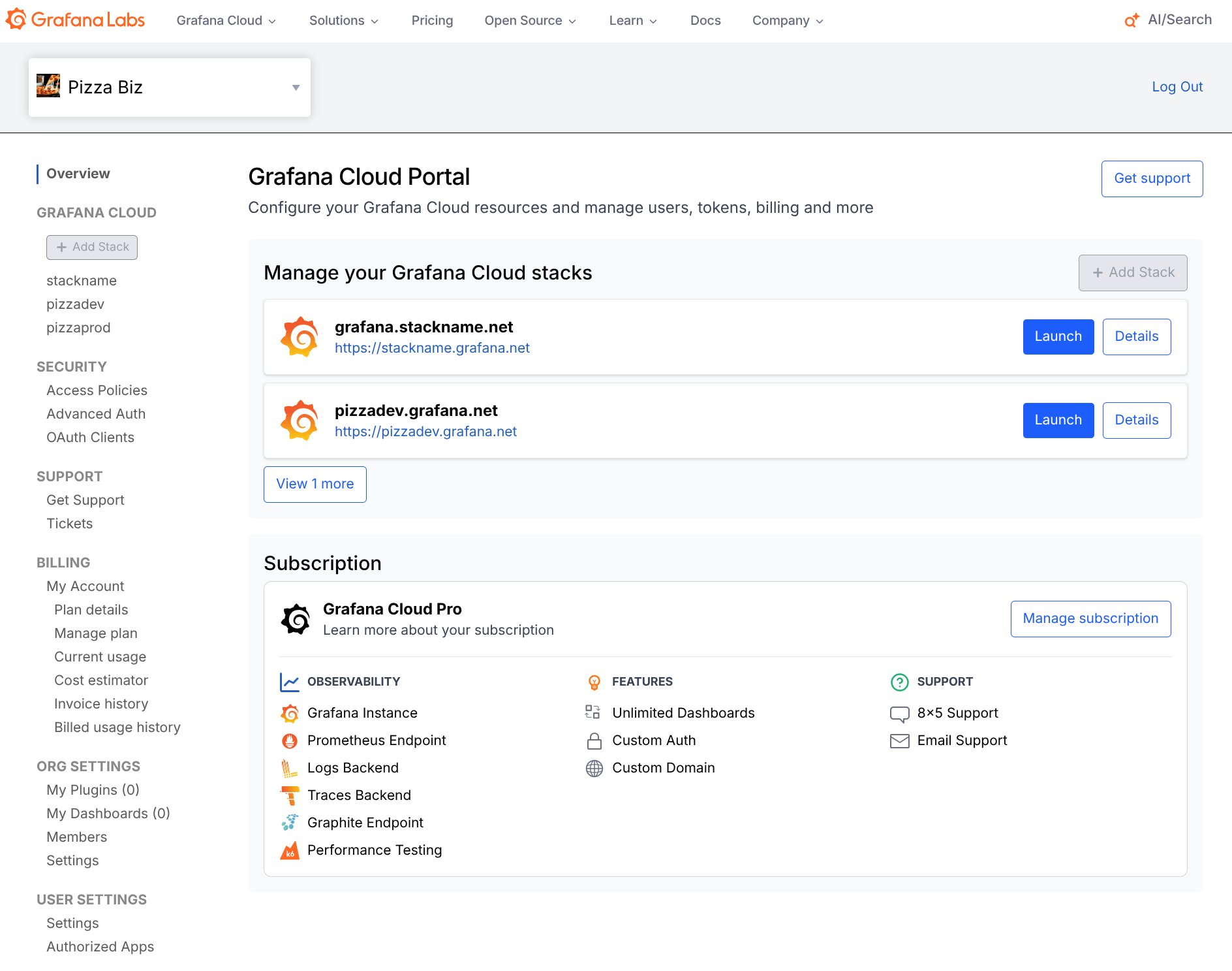 Cloud Portal The Grafana Cloud Portal overview page showing Grafana Cloud stacks, subscription details, and the account navigation menu