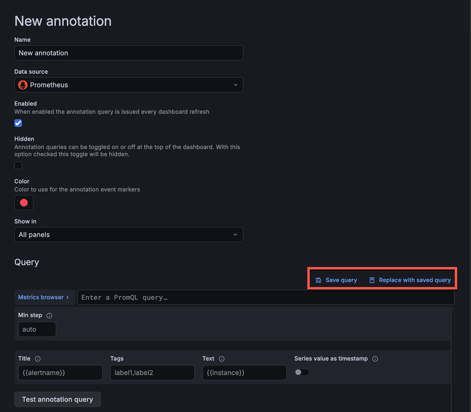 _Annotation query configuration with **Save query** and **Replace with saved query** buttons highlighted_ _Annotation query configuration with **Save query** and **Replace with saved query** buttons highlighted_