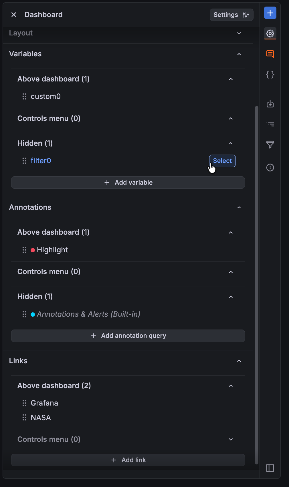 Dashboard controls in the Dashboard options sidebar view