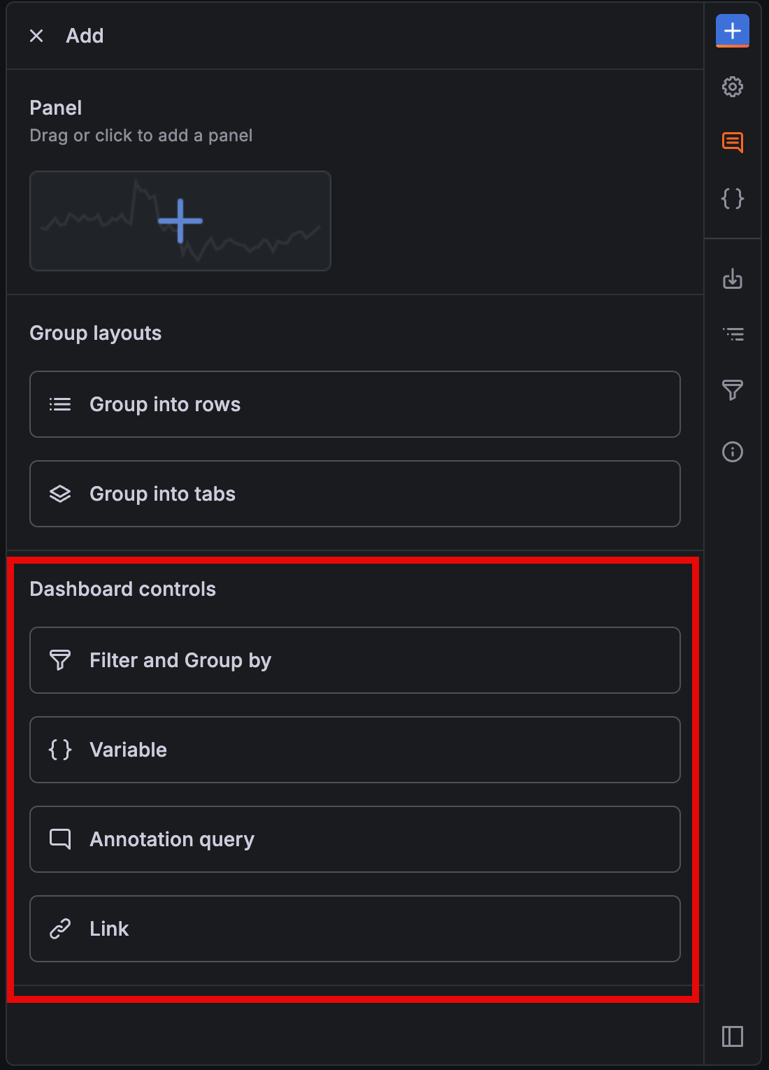 Dashboard controls in the Dashboard options sidebar view