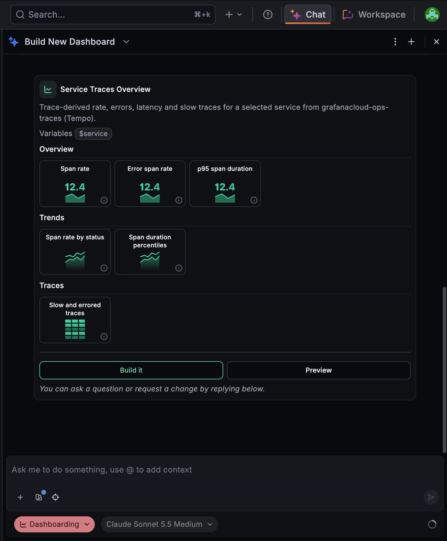 A dashboard plan in the Grafana Assistant chat