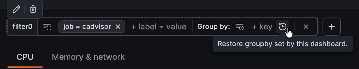 Reset default filters and group by selections Dashboard with the filters and group by selections