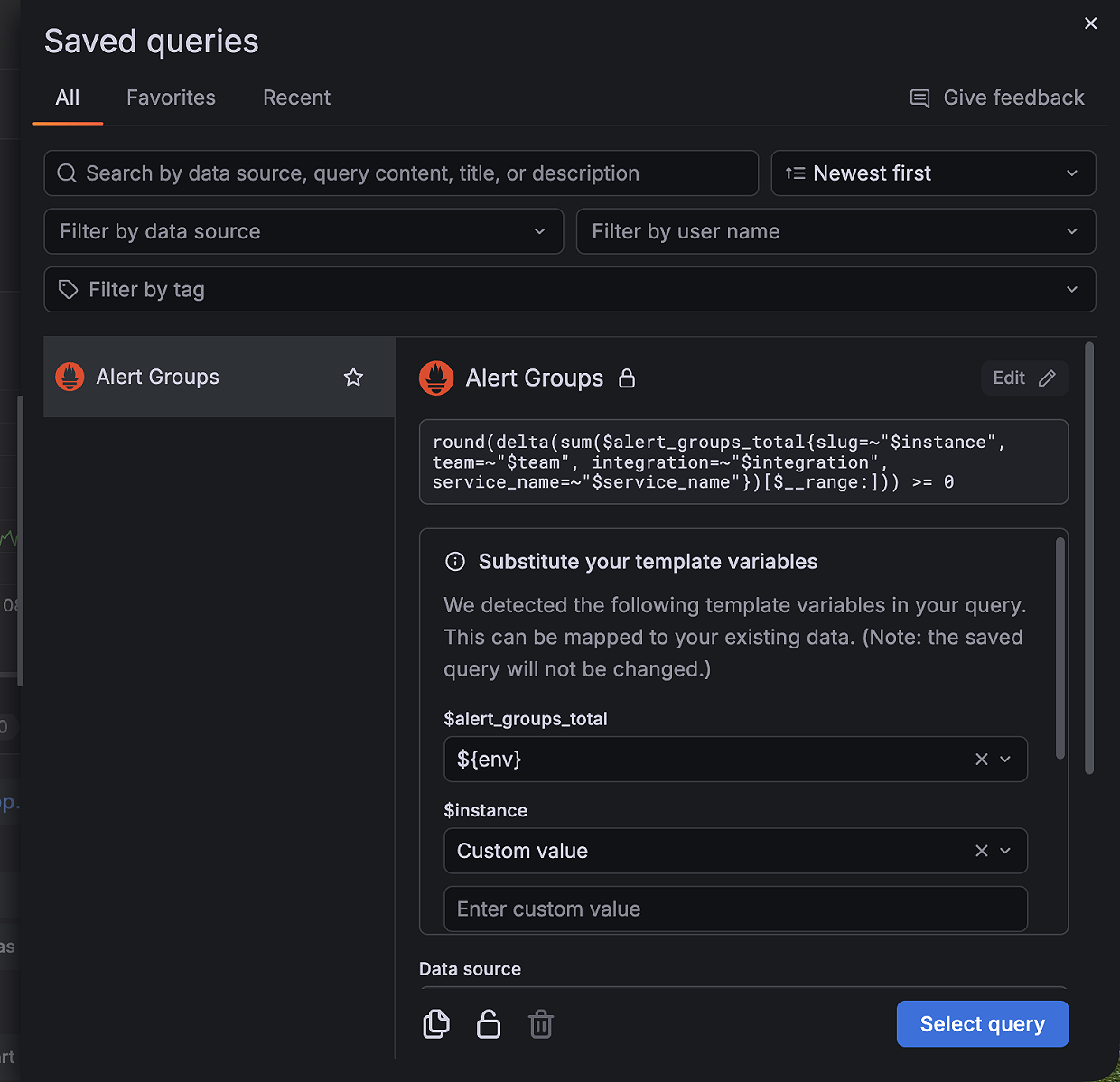 Substitute template variables in saved queries | Grafana Labs