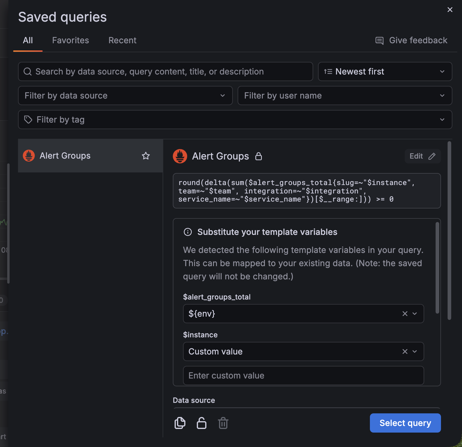 Substitute template variables in saved queries | Grafana Labs