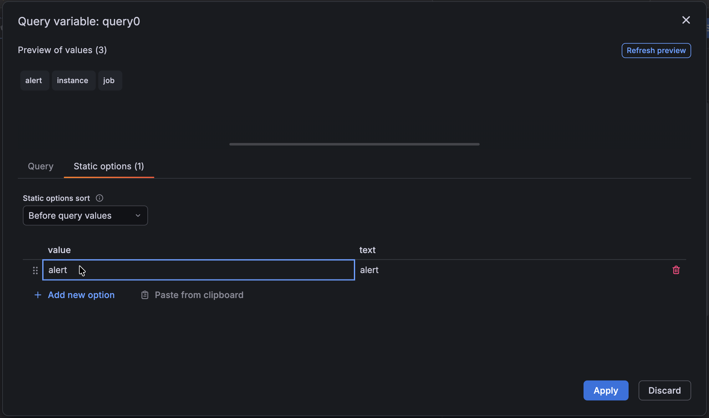 Query variable editor dialog box with Static options tab shown