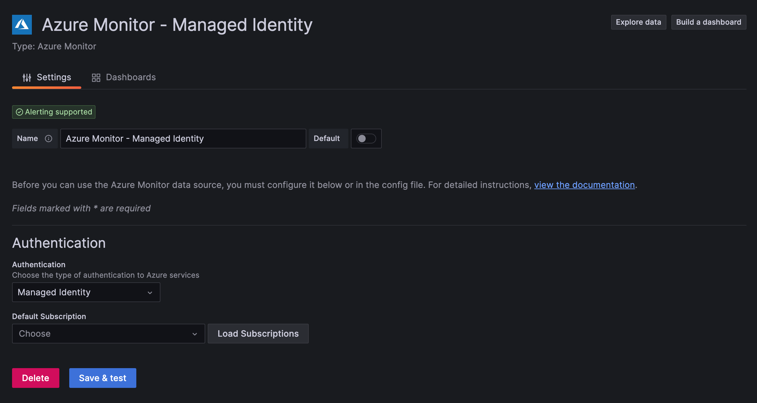 Azure Monitor screenshot showing Managed Identity authentication