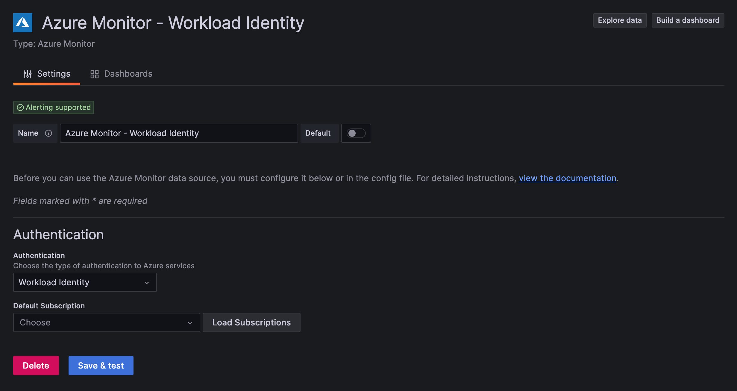 Azure Monitor screenshot showing Workload Identity authentication