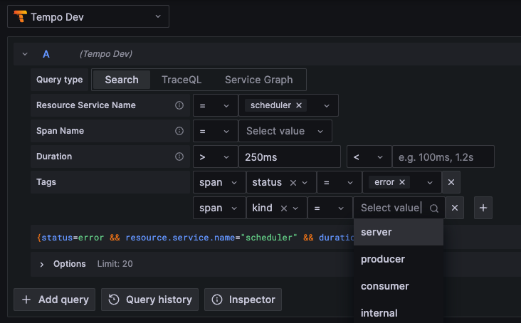 Tempo Search editor powered by TraceQL