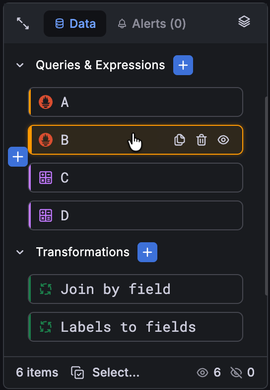 Query card on hover showing available actions.