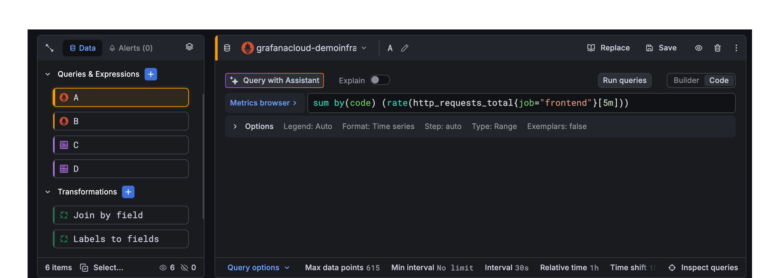 An annotated image of the Grafana panel query editor