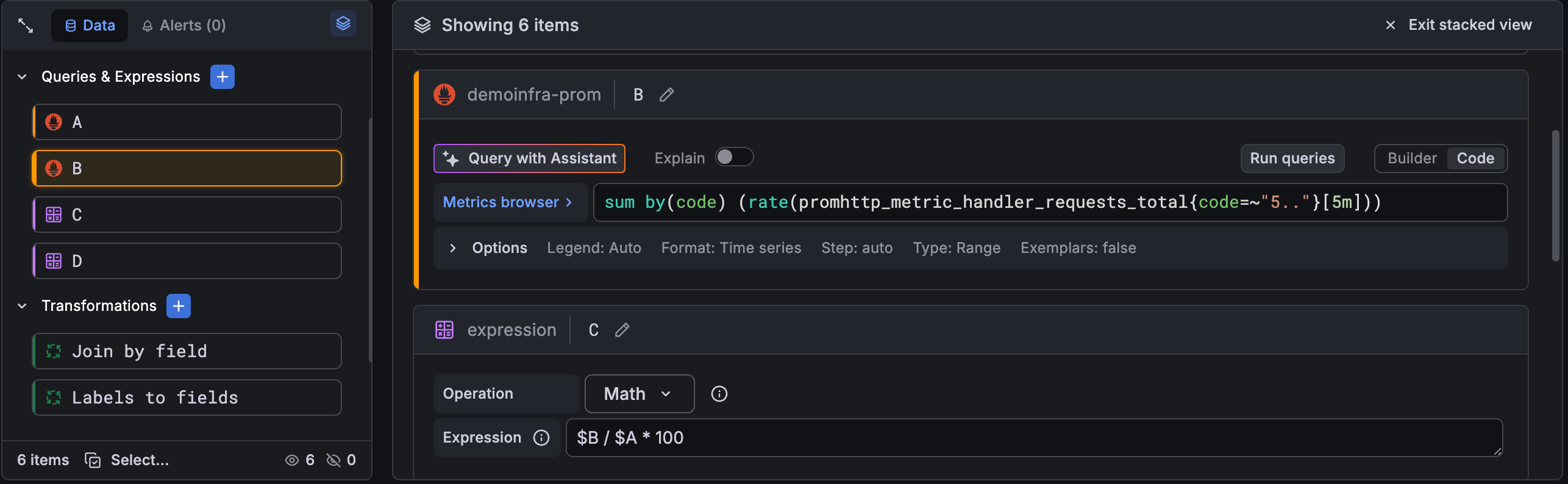 Query editor in stacked view