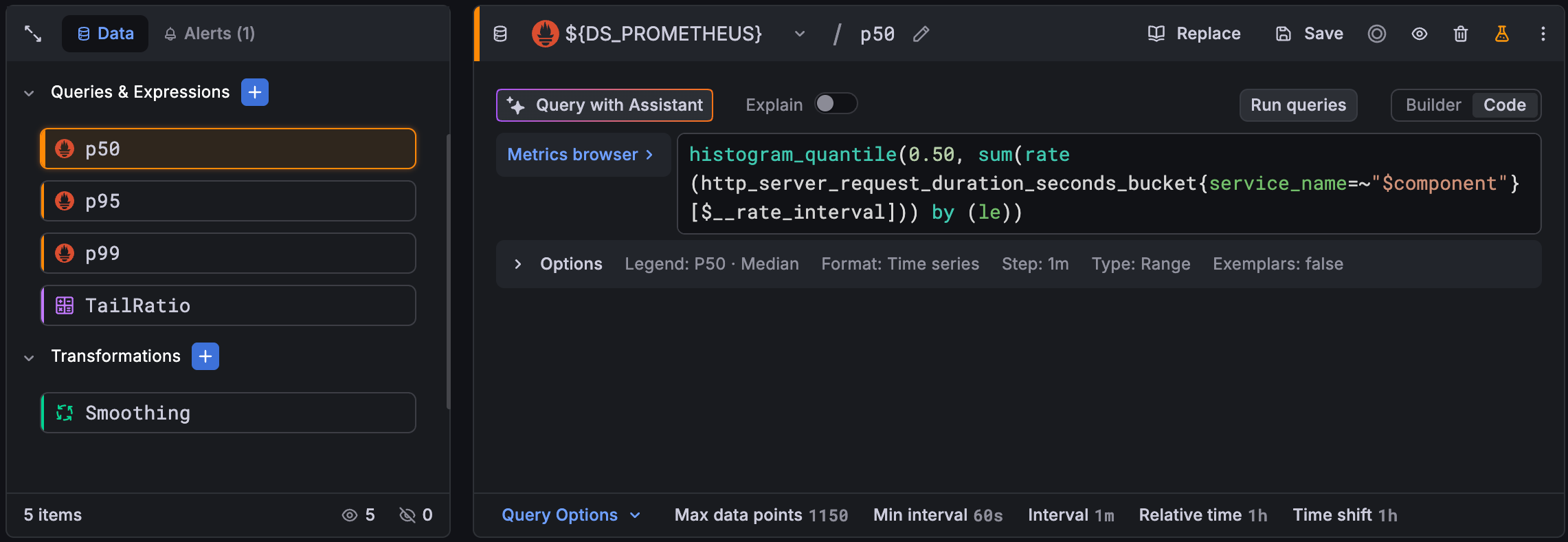 Panel in edit mode showing new query editor