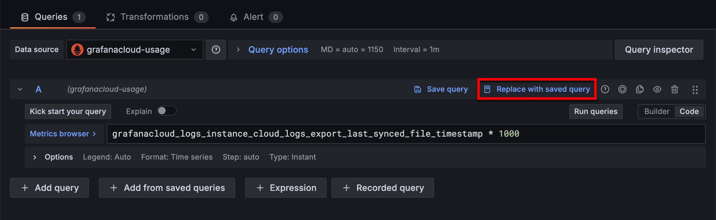Replace a query with a saved one