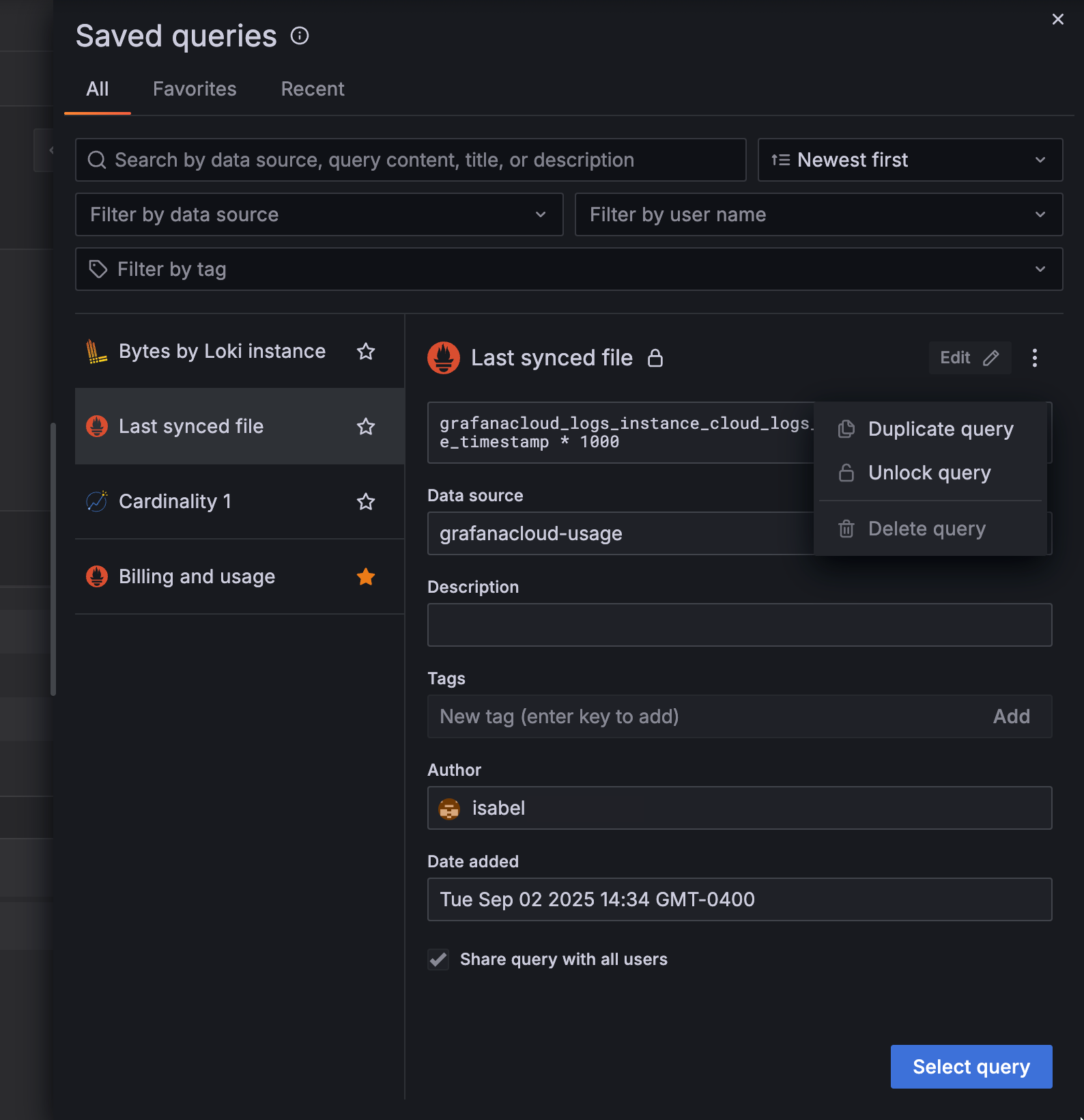 List of saved queries and the edit query form