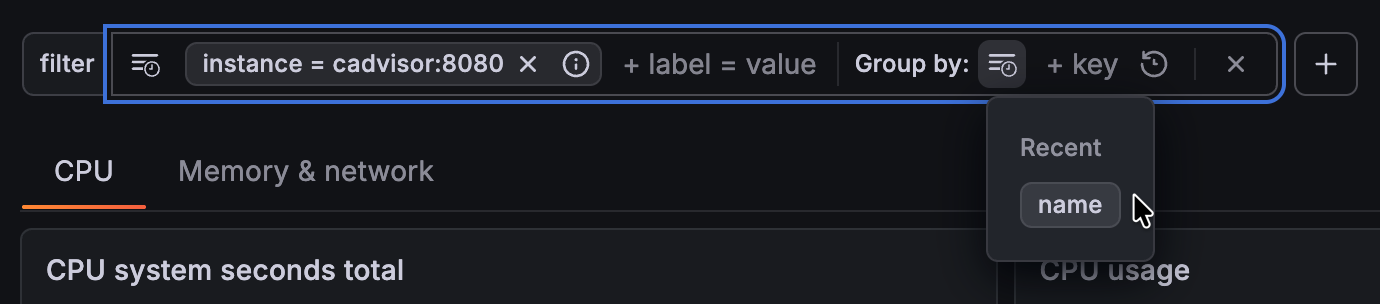 Recent filter and group by settings Dashboard with the filters and group by selections