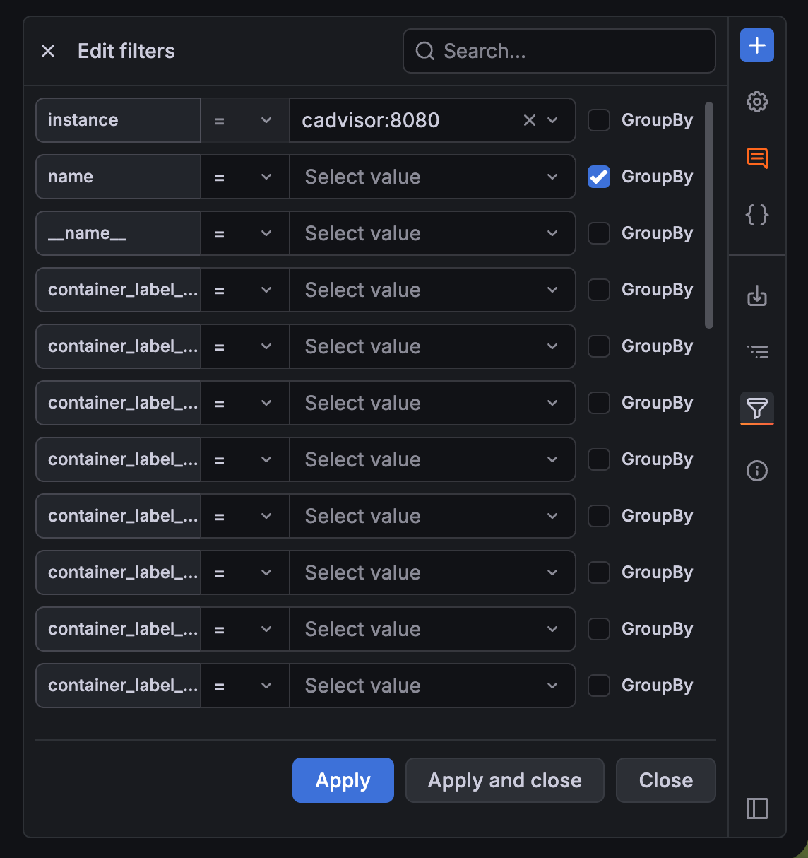 Dashboard with the filters and group by selections