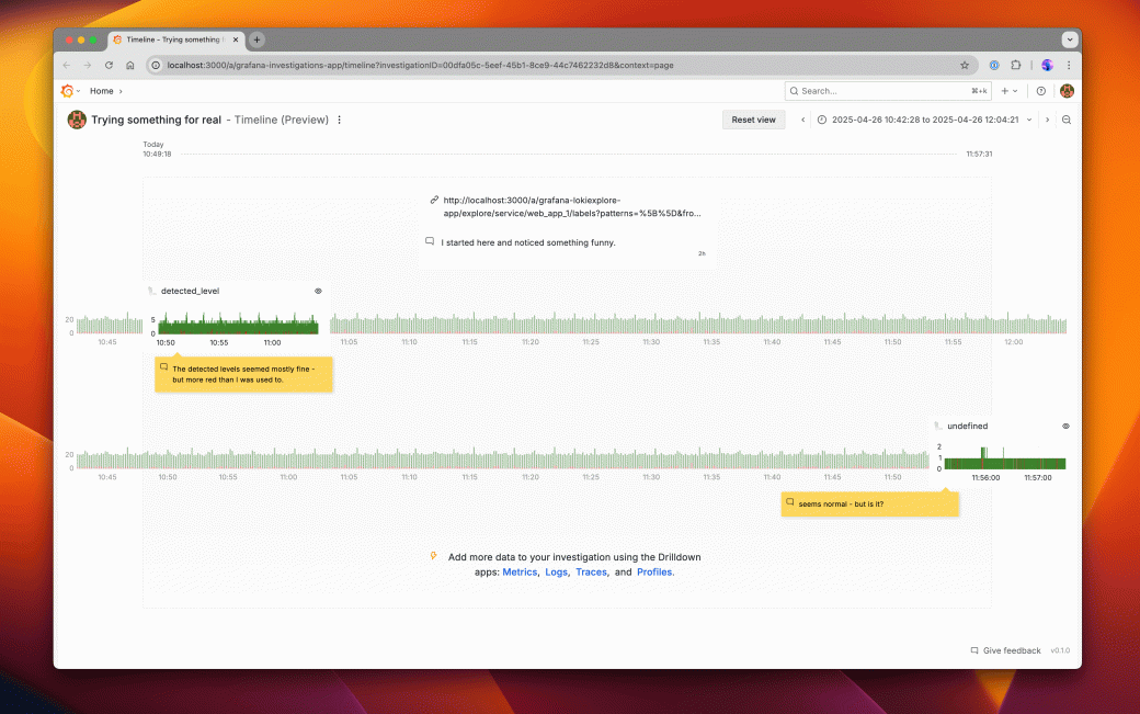 Timeline view in Investigations | Grafana Plugins documentation