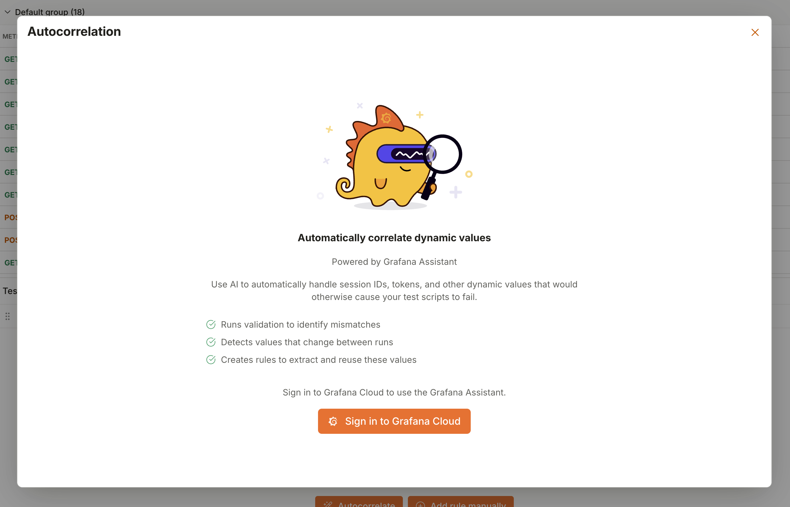Autocorrelation dialog prompting the user to sign in to Grafana Cloud