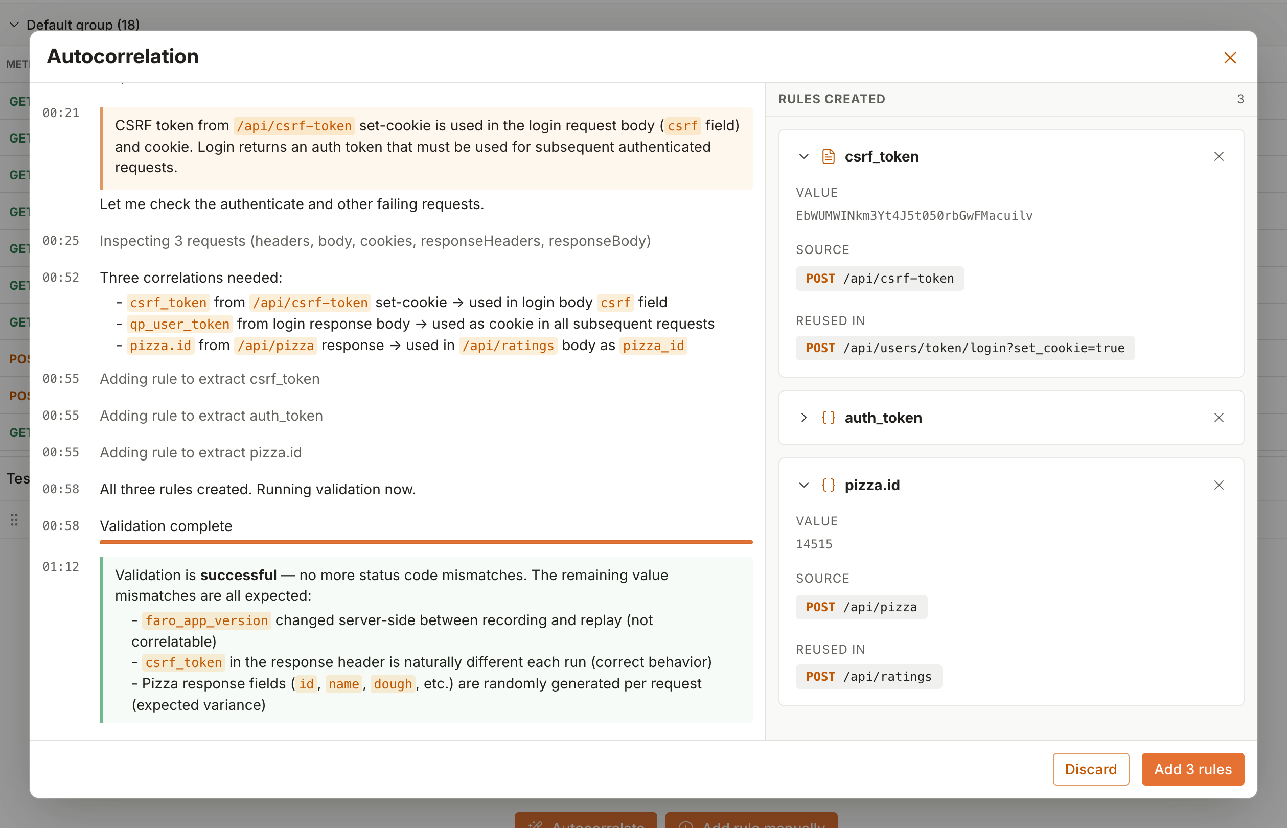 k6 Studio autocorrelation dialog showing the actions log and created rules