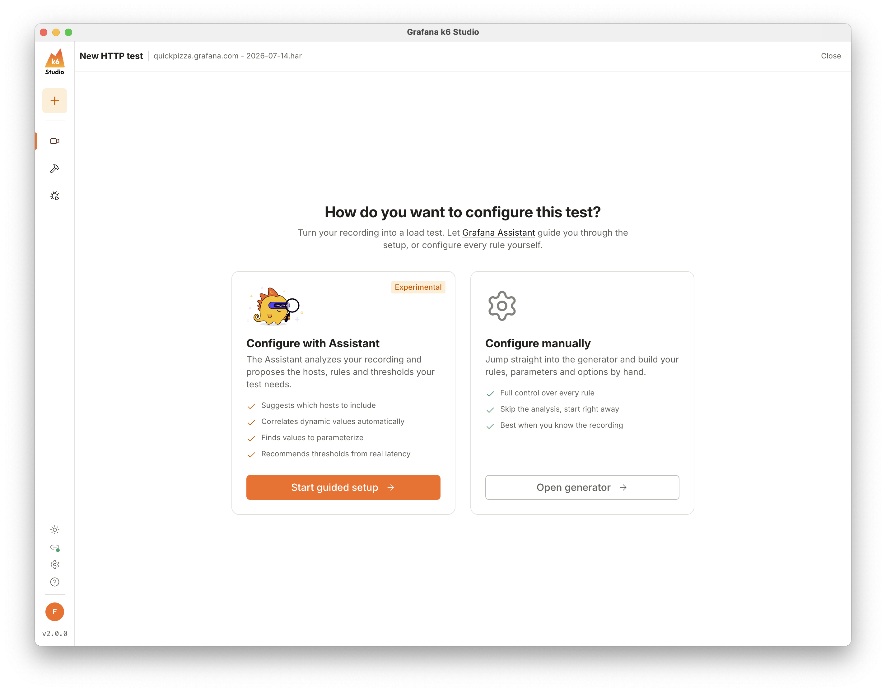 k6 Studio choice screen asking how you want to configure the test, with Configure with Assistant and Configure manually cards
