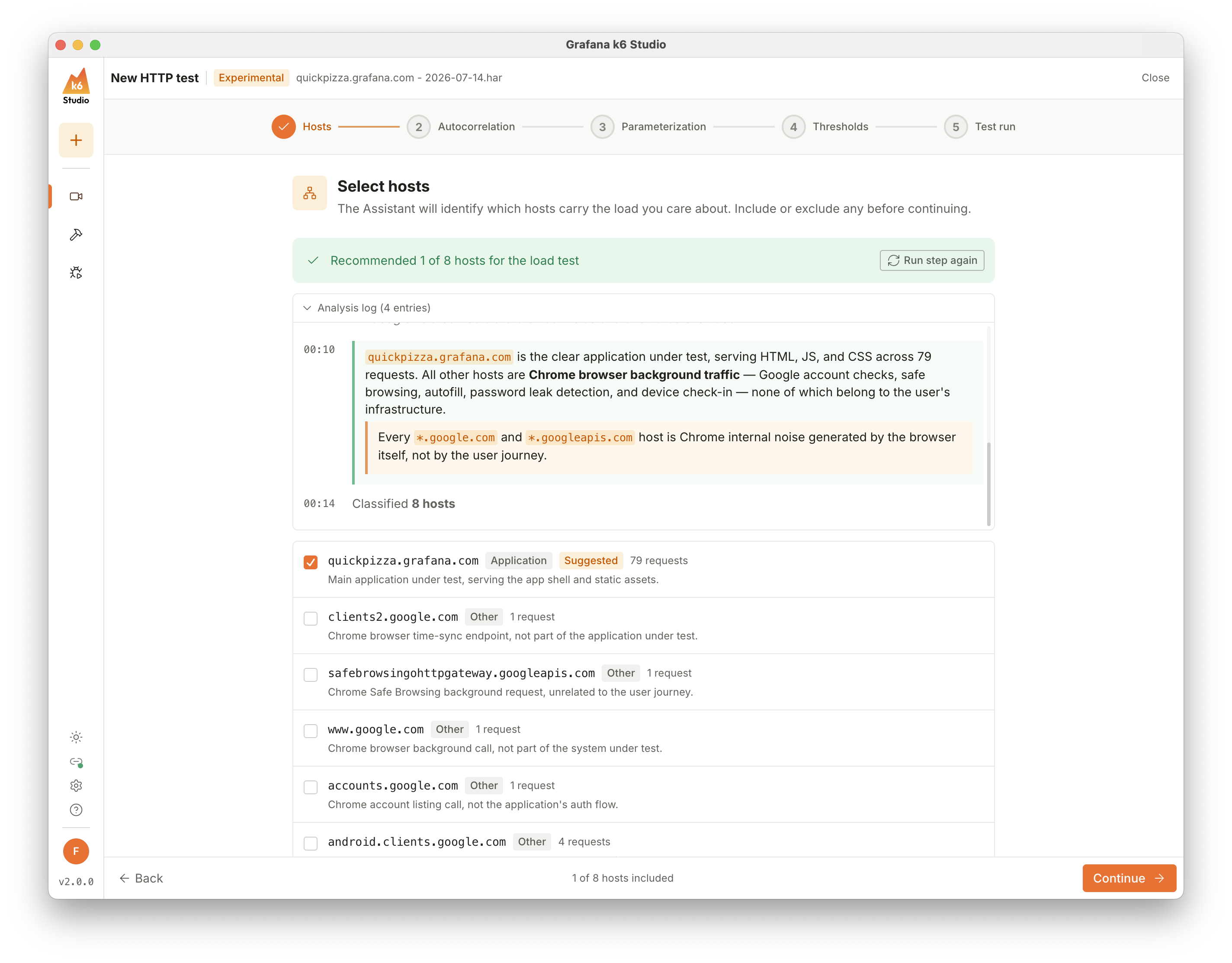 Select hosts step in guided setup, showing the stepper, the actions log, and the host suggestions from the Assistant