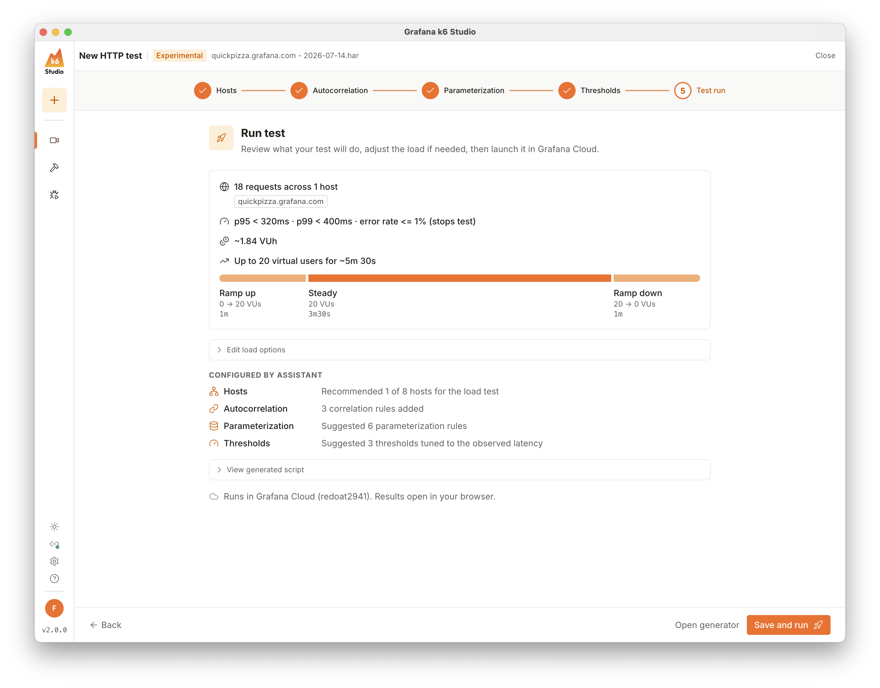 Run test step in guided setup, summarizing requests, thresholds, estimated virtual user hours (VUH), and the load stage timeline
