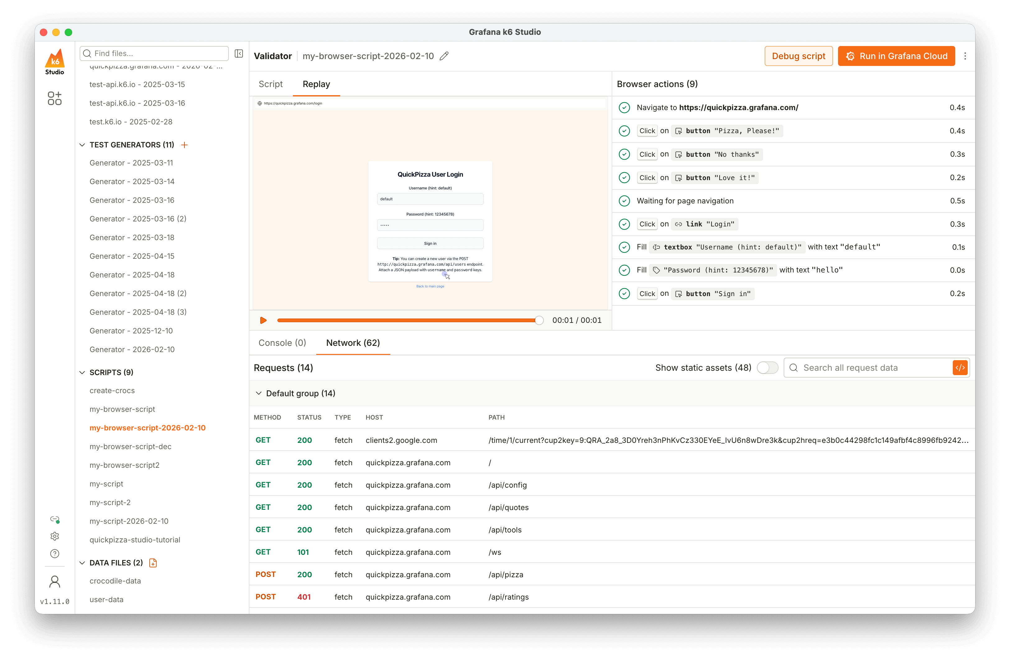 k6 Studio Validator window, showing a test script that has been executed, with a list of executed checks at the bottom, and the script preview